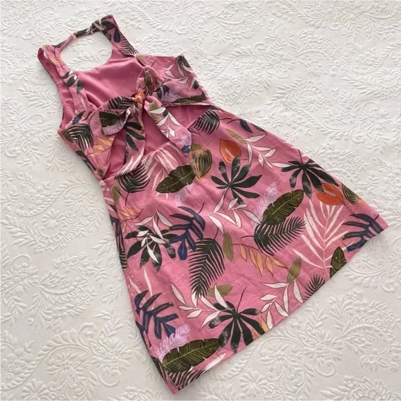 NWOT Lulus Exotic Escape Pink Tropical Print Sleeveless Tie-Back Mini Dress - Picture 4 of 12